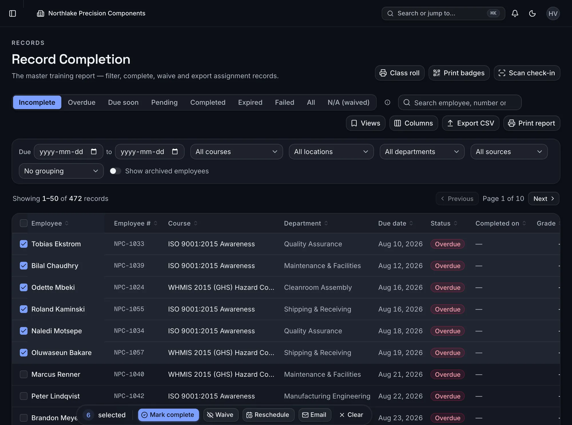 Record Completion with several rows selected and the bulk action bar showing.