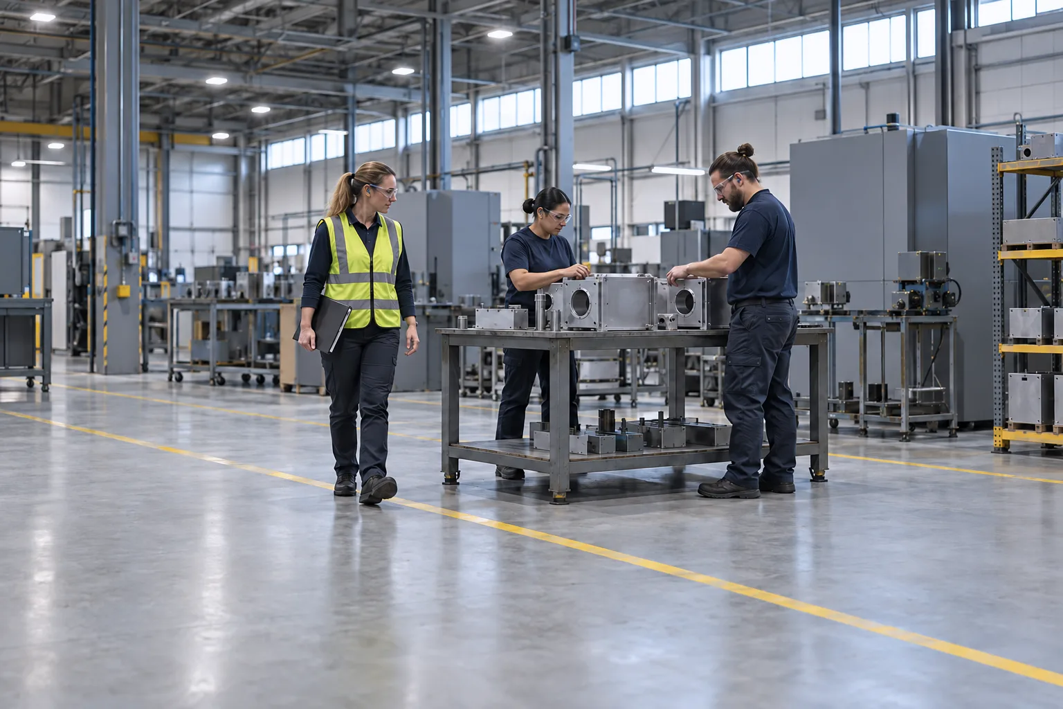 A production supervisor walks an assembly line in a manufacturing plant.