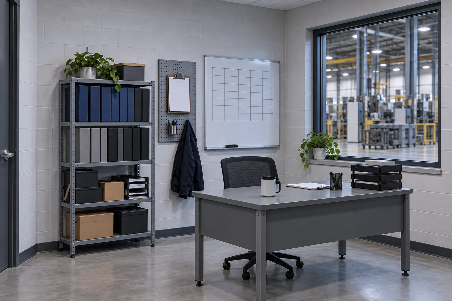A small plant office with a shelf of training binders, a blank sign-in sheet on a clipboard, an empty whiteboard grid and a window onto the production floor.