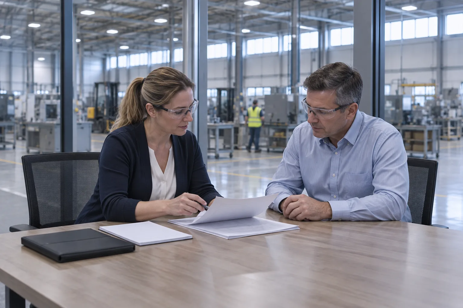Two people review printed training records in a room overlooking a plant floor.