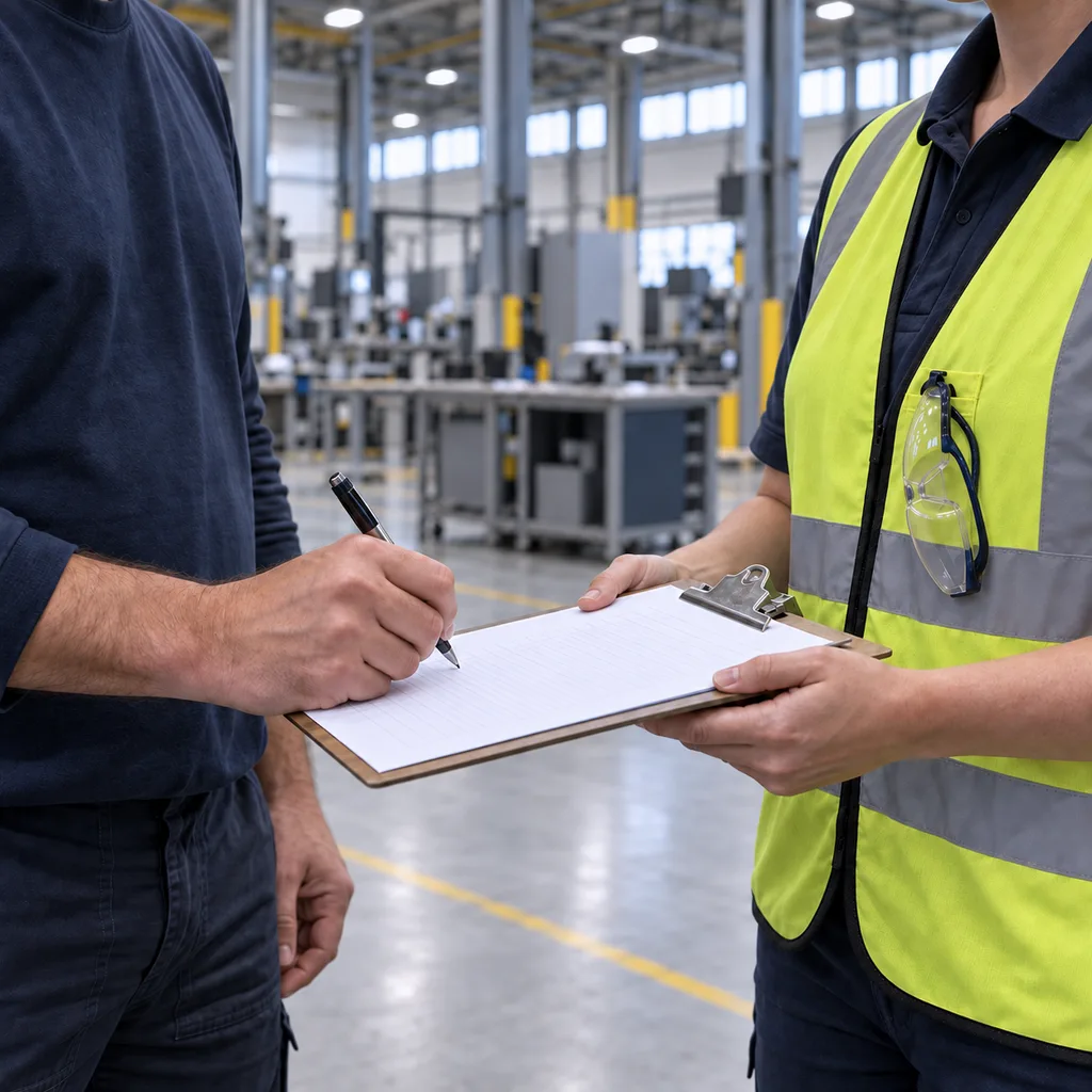 A worker signs a paper training sign-in sheet on a clipboard.