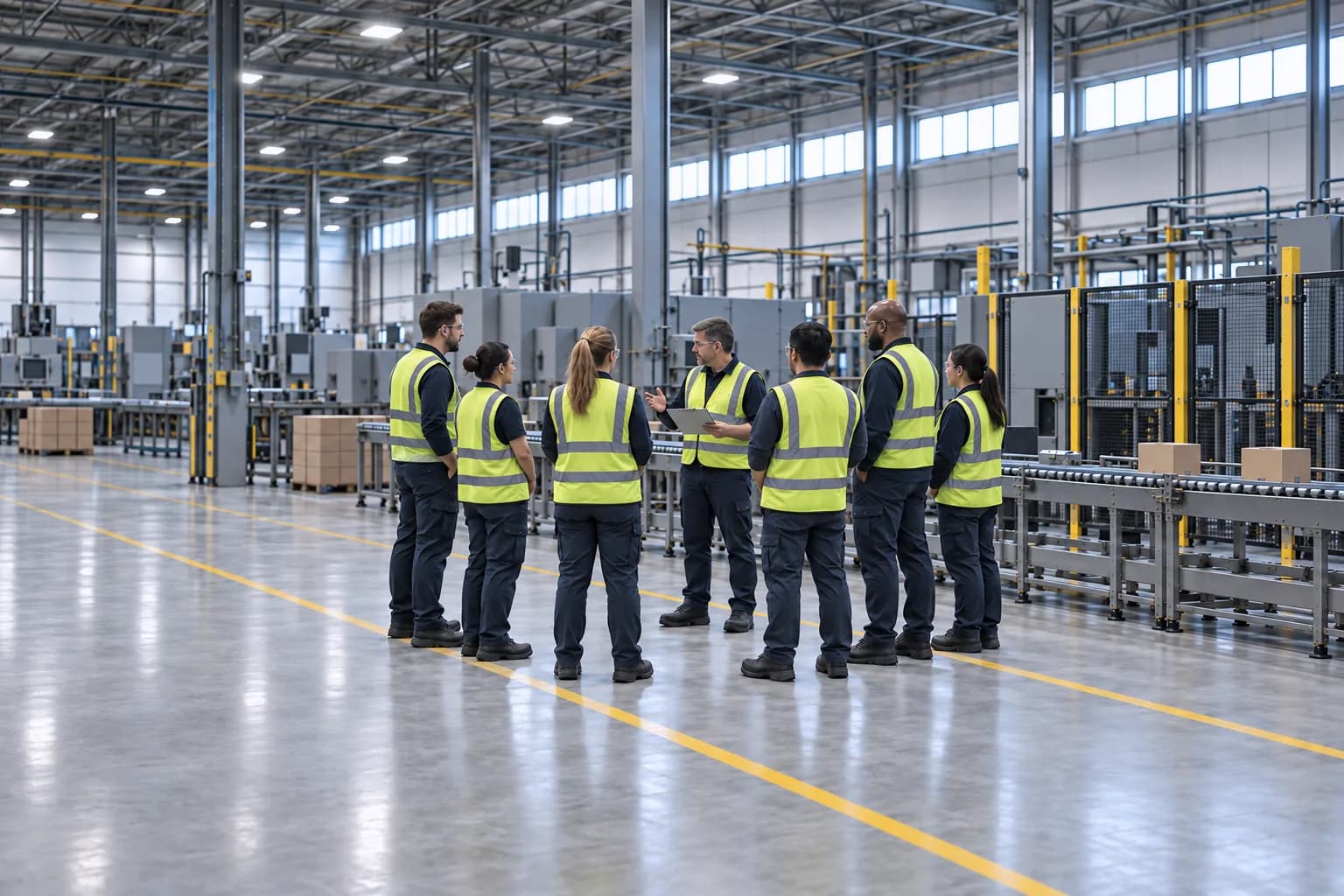 A supervisor leads a start-of-shift safety briefing beside a packaging line.