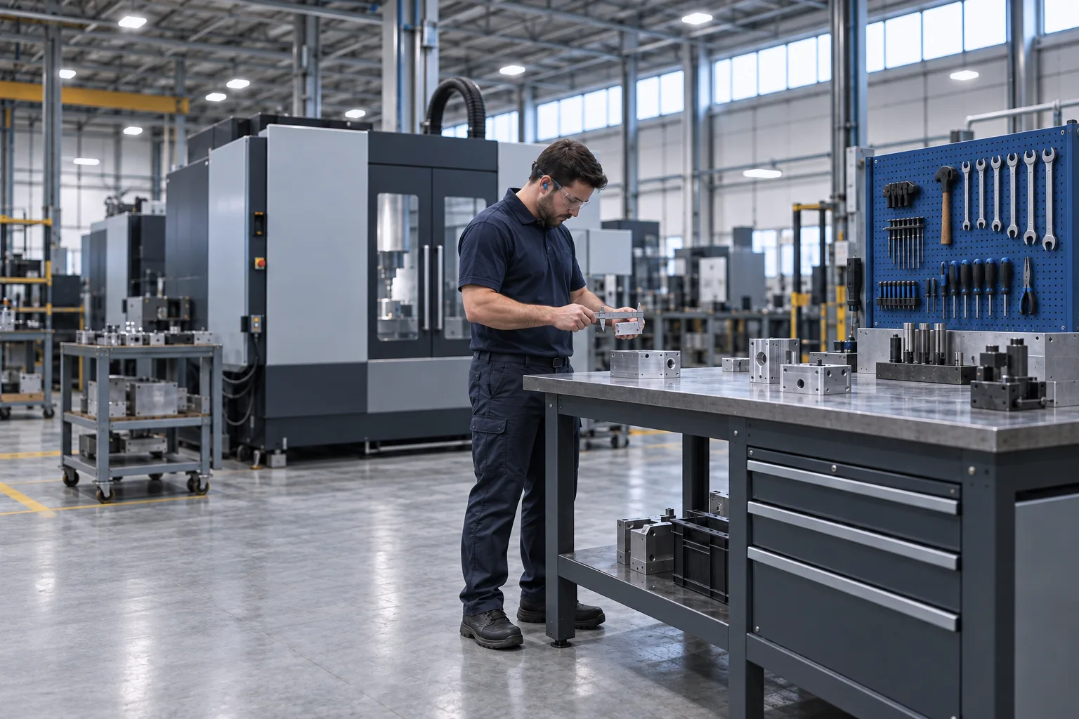 An operator measures a machined part next to a CNC machine.