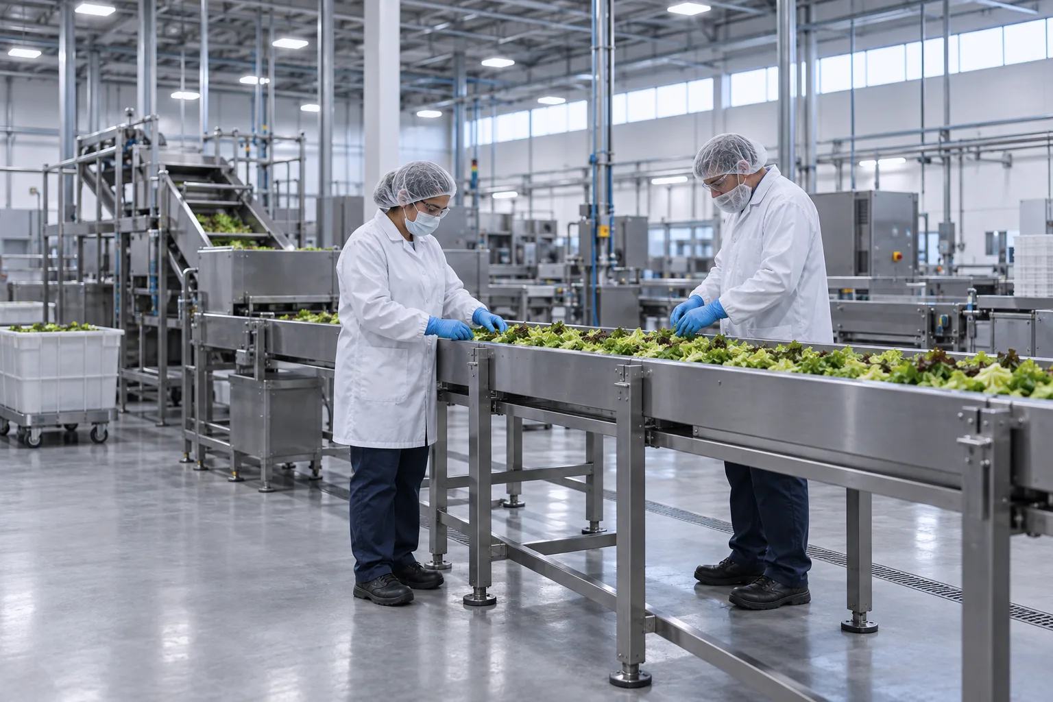 Workers in hairnets inspect product on a stainless-steel food processing line.