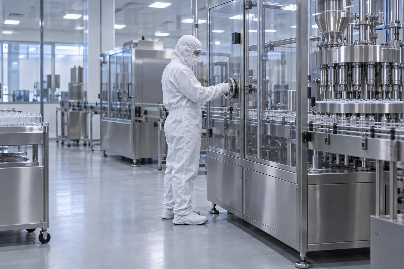 An operator in full cleanroom gowning works at a stainless-steel filling line.