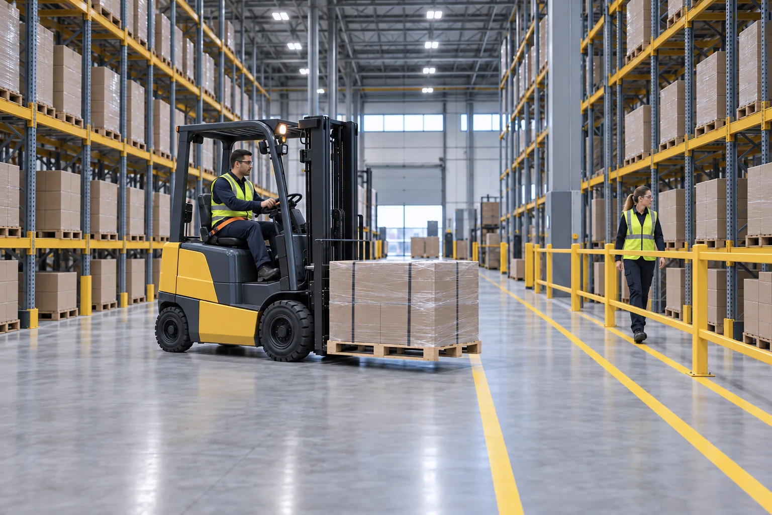 A forklift operator moves a pallet down a warehouse aisle.