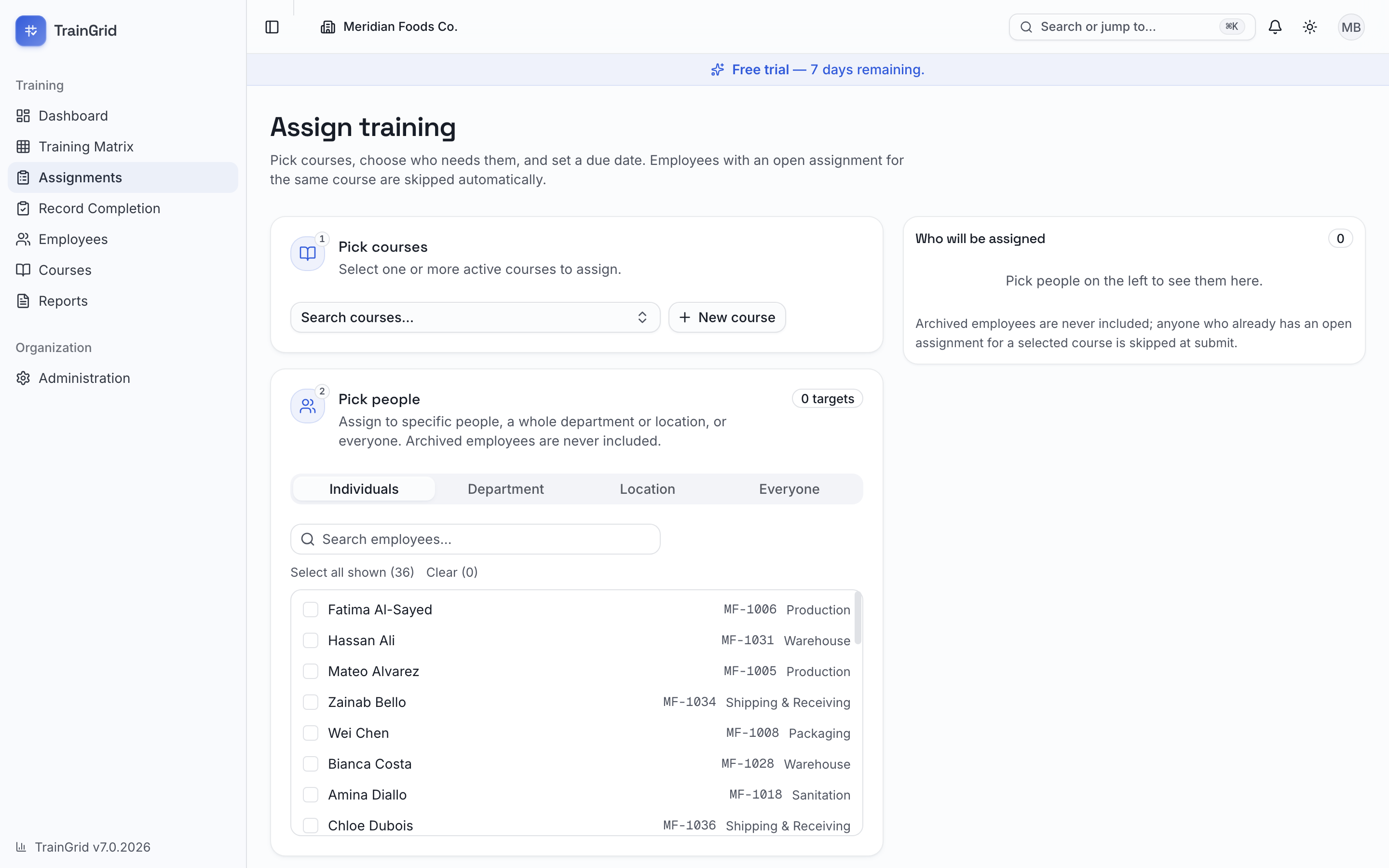 Assigning training